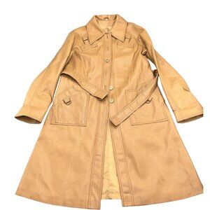 Dawn International Coat Women 12 Tan Faux‎ Leather PVC Vegan Belt 70s Retro VTG